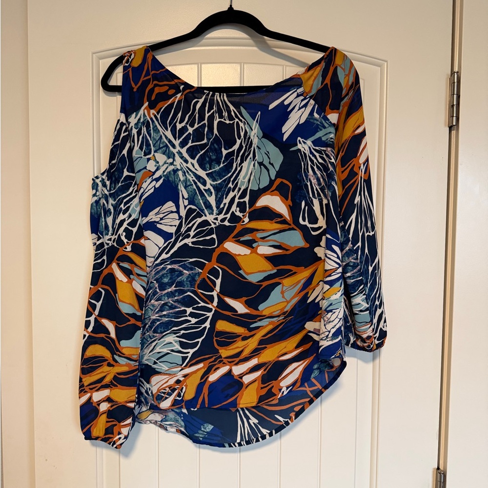 🌴Allison Joy Blue & Orange Abstract SO FUN 😍RESORT Off Shoulder Top